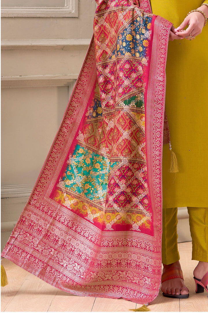 Mustard Zardozi and Beads work Straight Cut Salwar Suit with Multicolor Banaras Dupatta