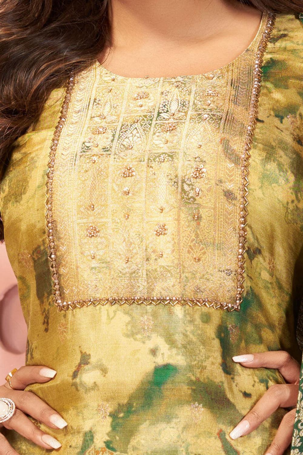 Lemon Green with Tie and Dye Print, Beads and Banaras work Straight Cut Salwar Suit - Seasons Chennai