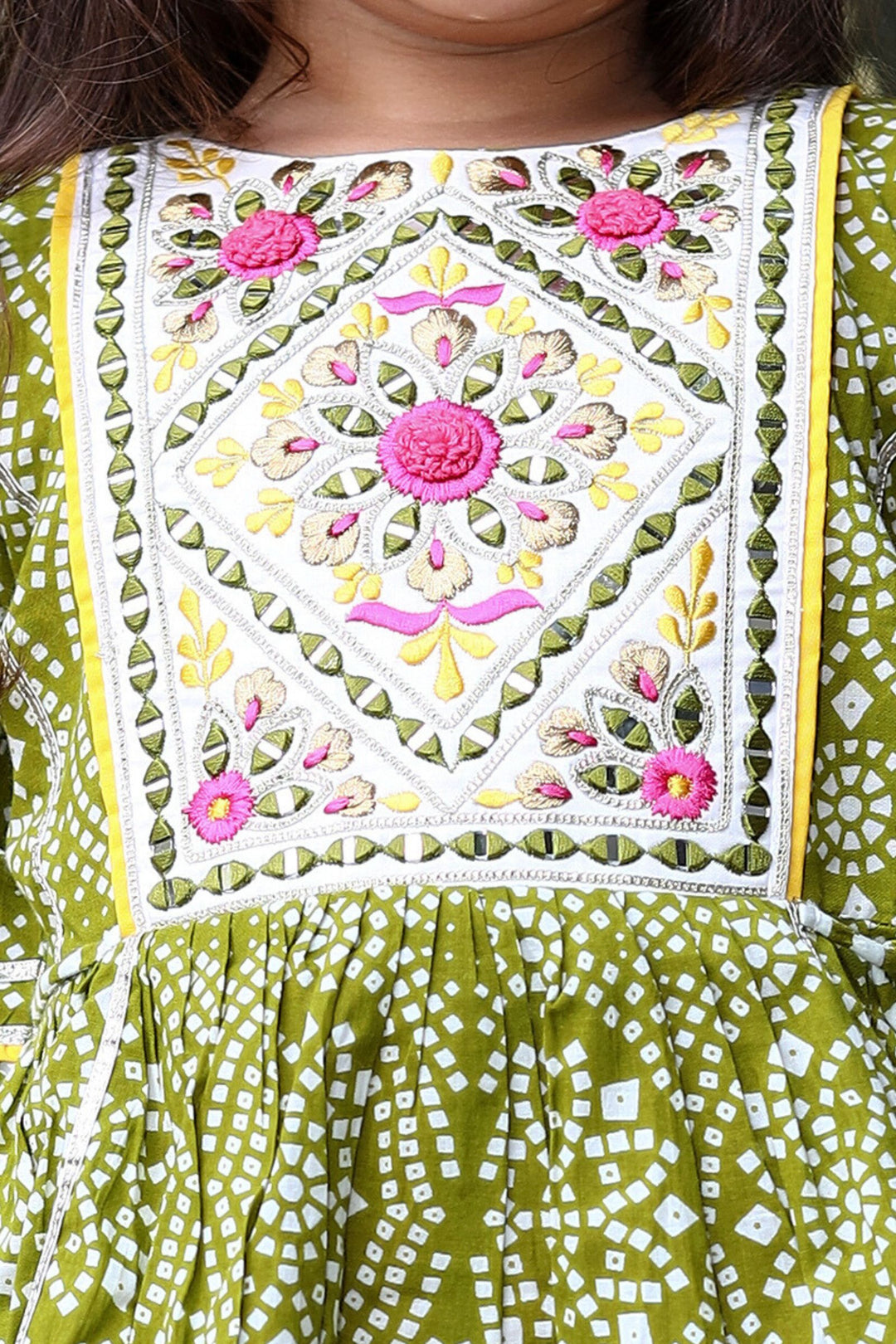 Green Bandini Print, Mirror and Thread work Peplum Top and Sharara Set for Girls