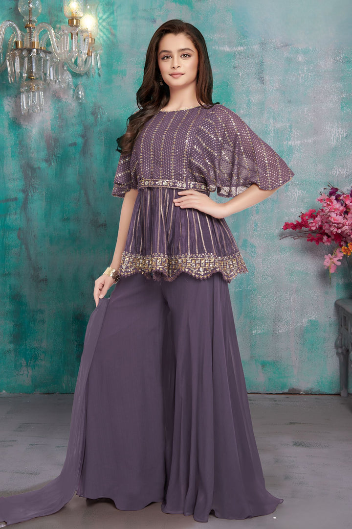 Purple Sequins and Thread work Kaftan Styled Palazzo Set For Girls
