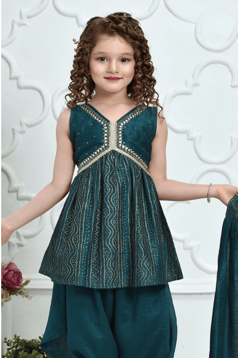 Teal Blue Printed, Sequins, Zari and Pearl work Dhoti Style Peplum Kurti for Girls - Seasons Chennai