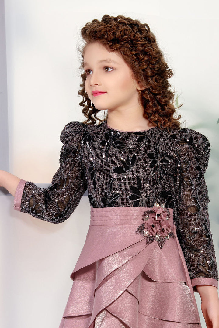 Black with Onion Pink Sequins work Short Frock for Girls