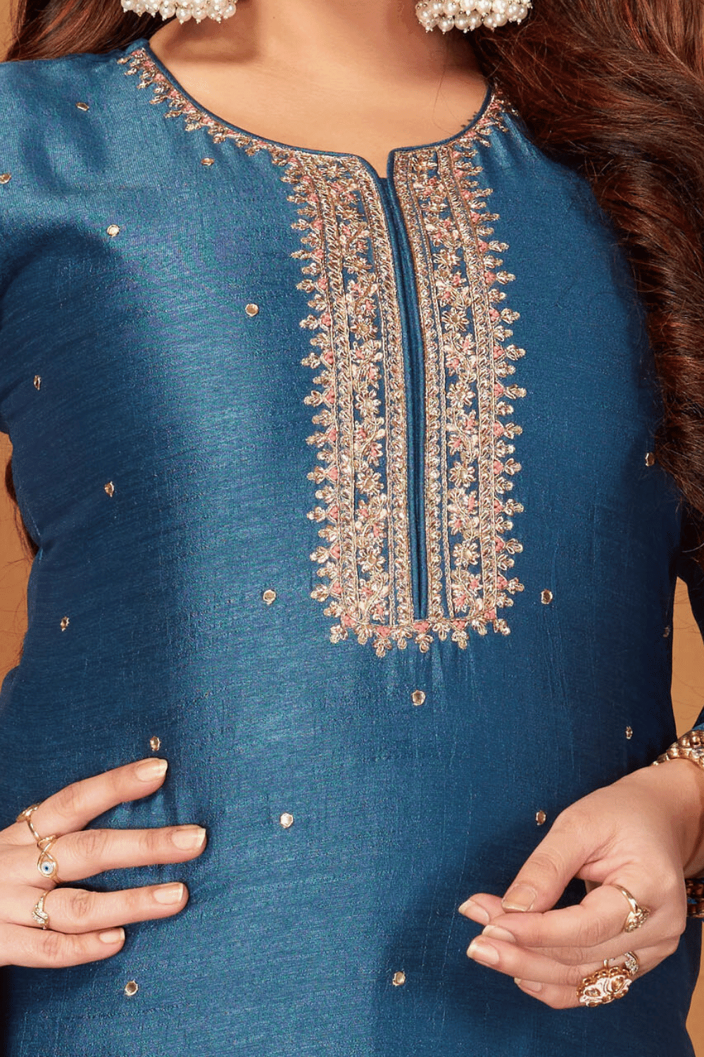 Teal Blue Zari and Sequins work Straight Cut Salwar Suit - Seasons Chennai