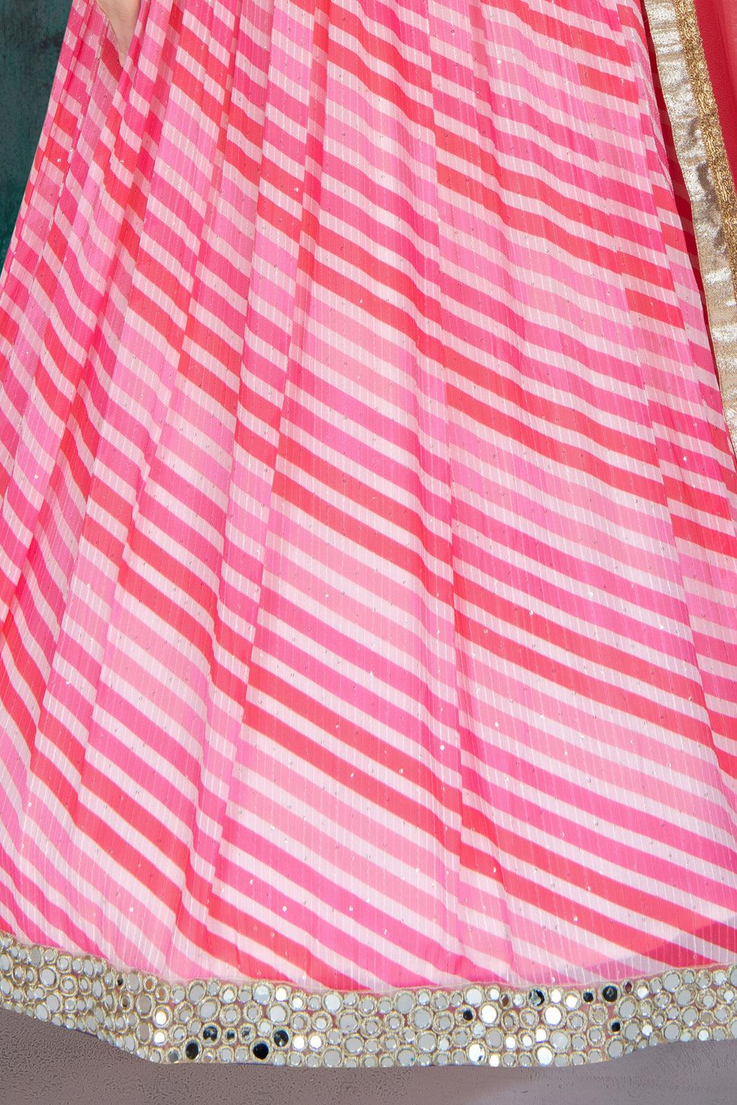 Pink Mirror, Zari, Sequins and Thread Weaving work with Leheriya Print Lehenga Choli for Girls - Seasons Chennai