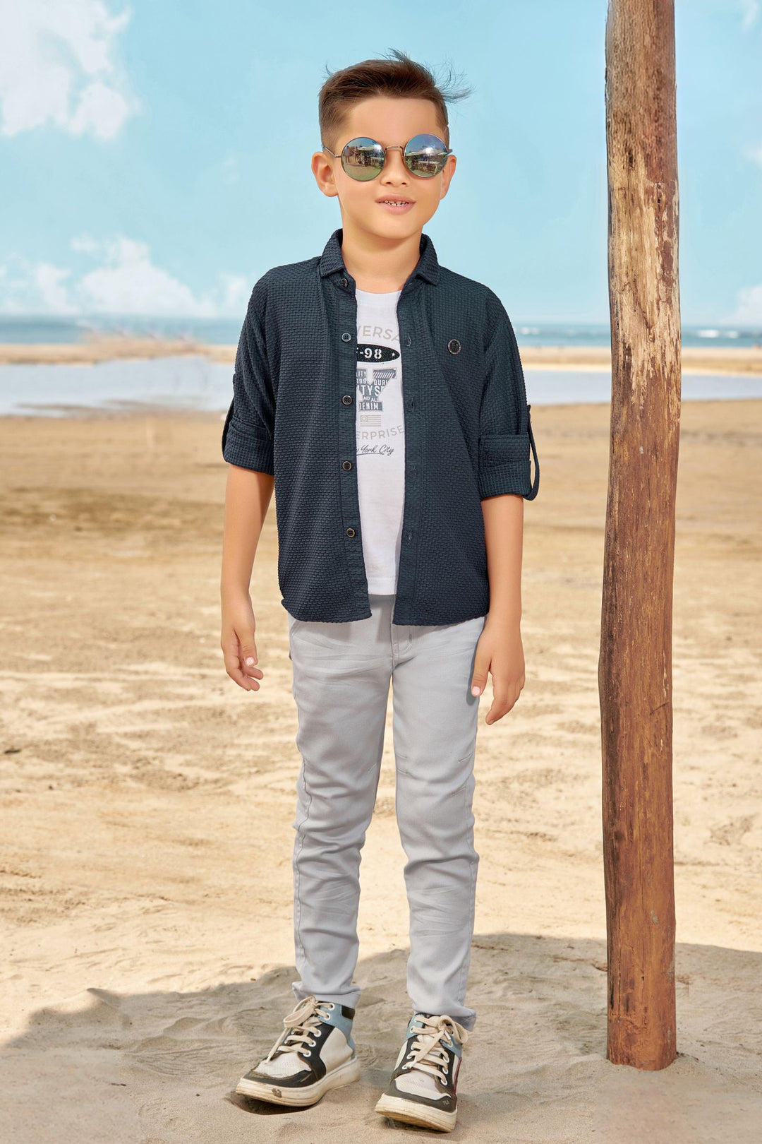 Dark Grey with White Printed Blazer, T-Shirt and Grey Pant Set for Boys with Belt