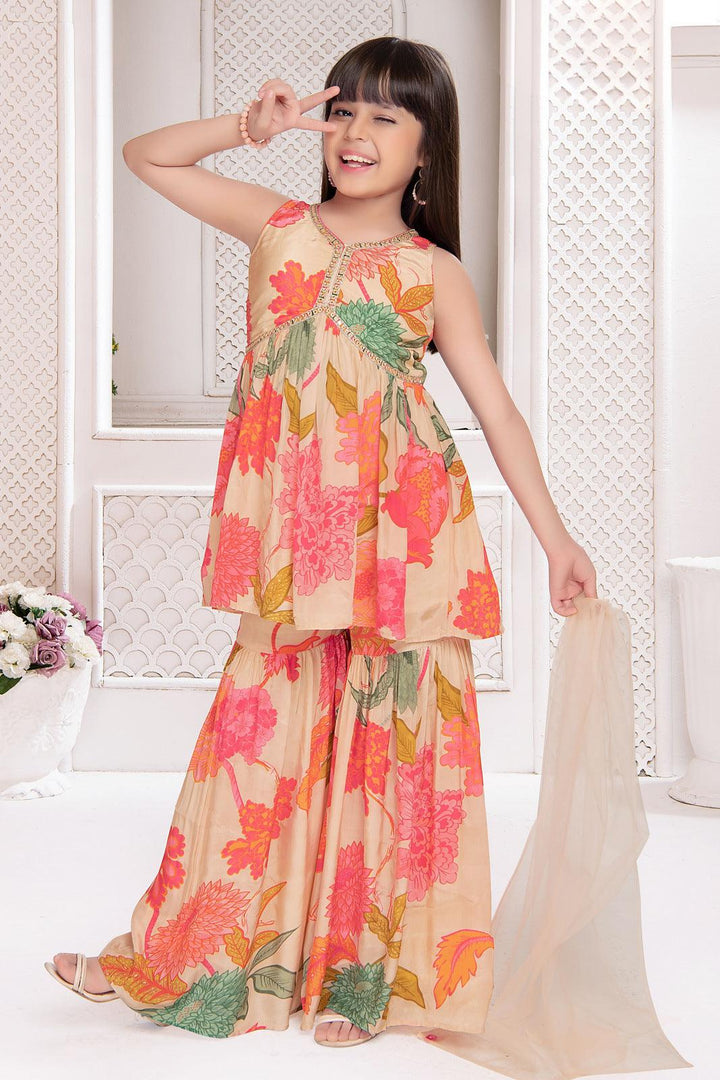 Fawn Floral Print Alia Cut Peplum Top and Sharara Set for Girls - Seasons Chennai