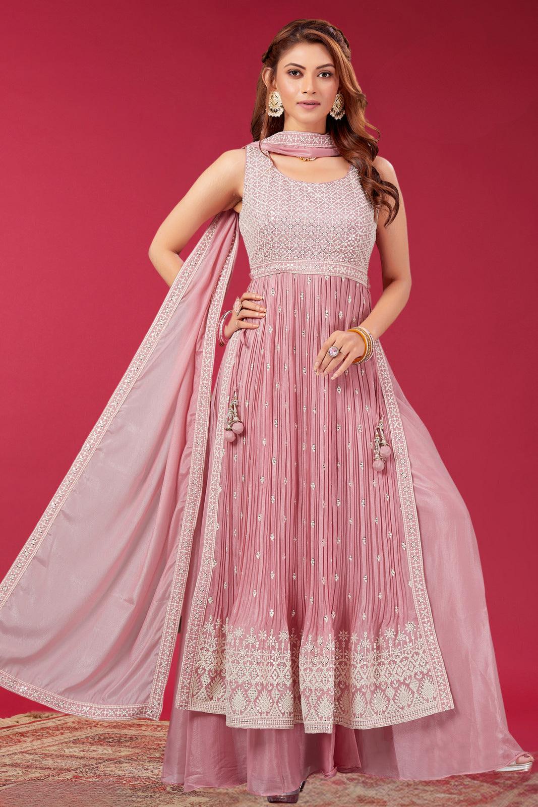 Peach Thread and Sequins work Salwar Suit with Palazzo Pants - Seasons Chennai