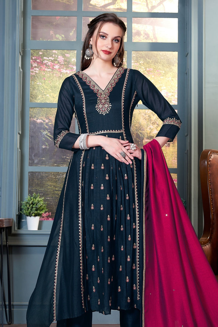 Navy Blue Thread, Sequins and Zari work Anarkali Style Salwar Suit with Straight Pants