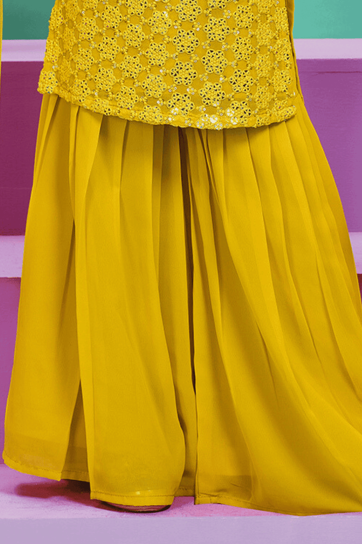 Yellow Sequins, Thread, Mirror and Zari work for Girls Sharara Suit Set - Seasons Chennai