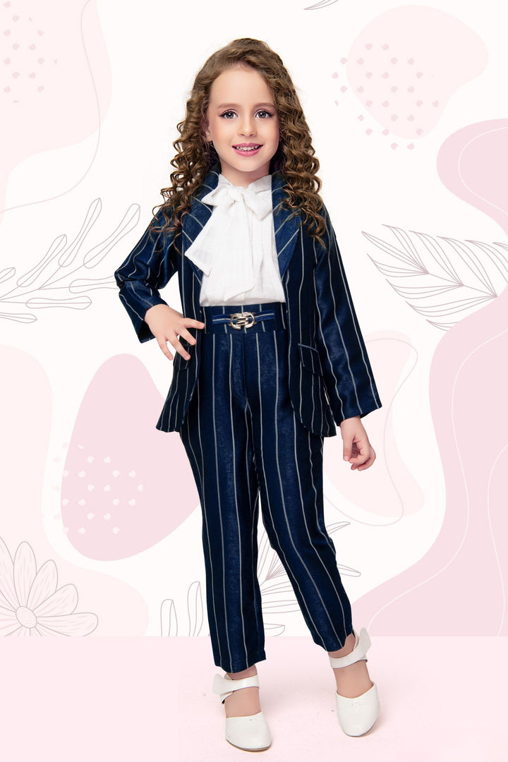 Blue with Half White Overcoat Styled Top and Pant Set for Girls