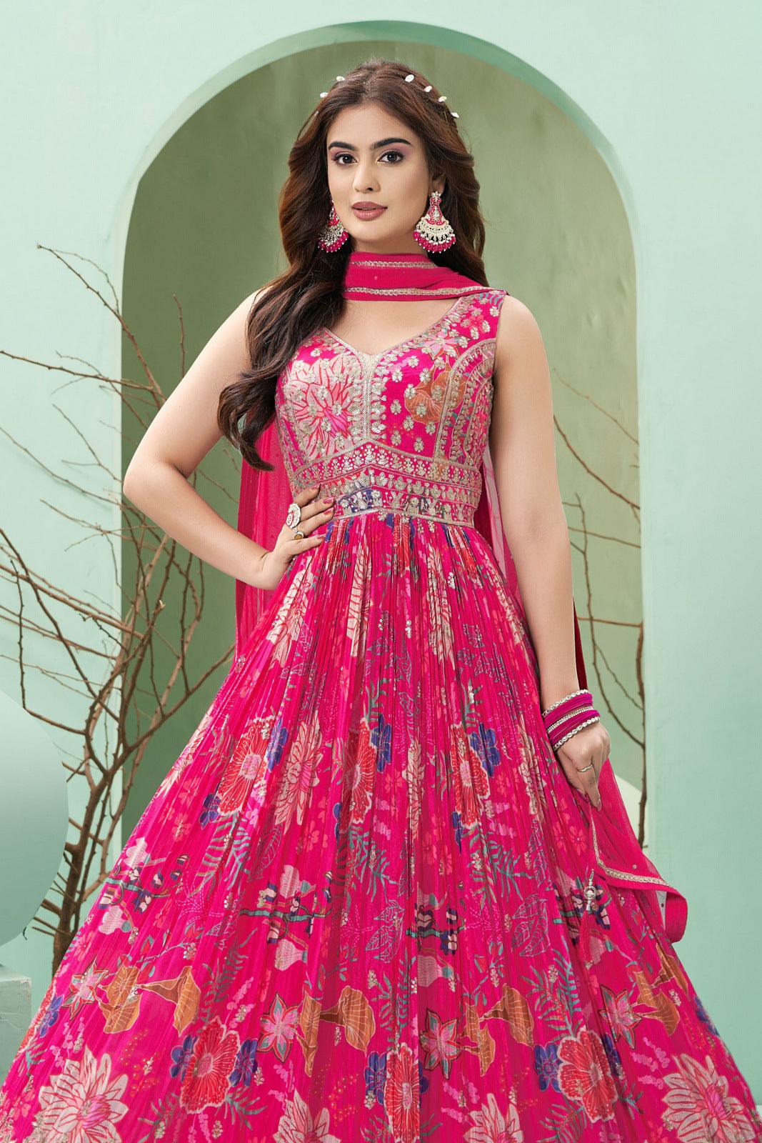 Fluorescent Pink Sequins and Zari work with Floral Print Floor Length Anarkali Suit - Seasons Chennai