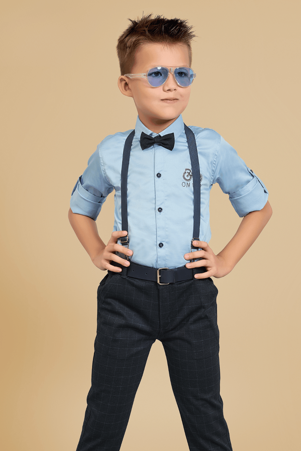 Sky Blue with Dark Grey Suspender Style Pant Shirt Set for Boys - Seasons Chennai
