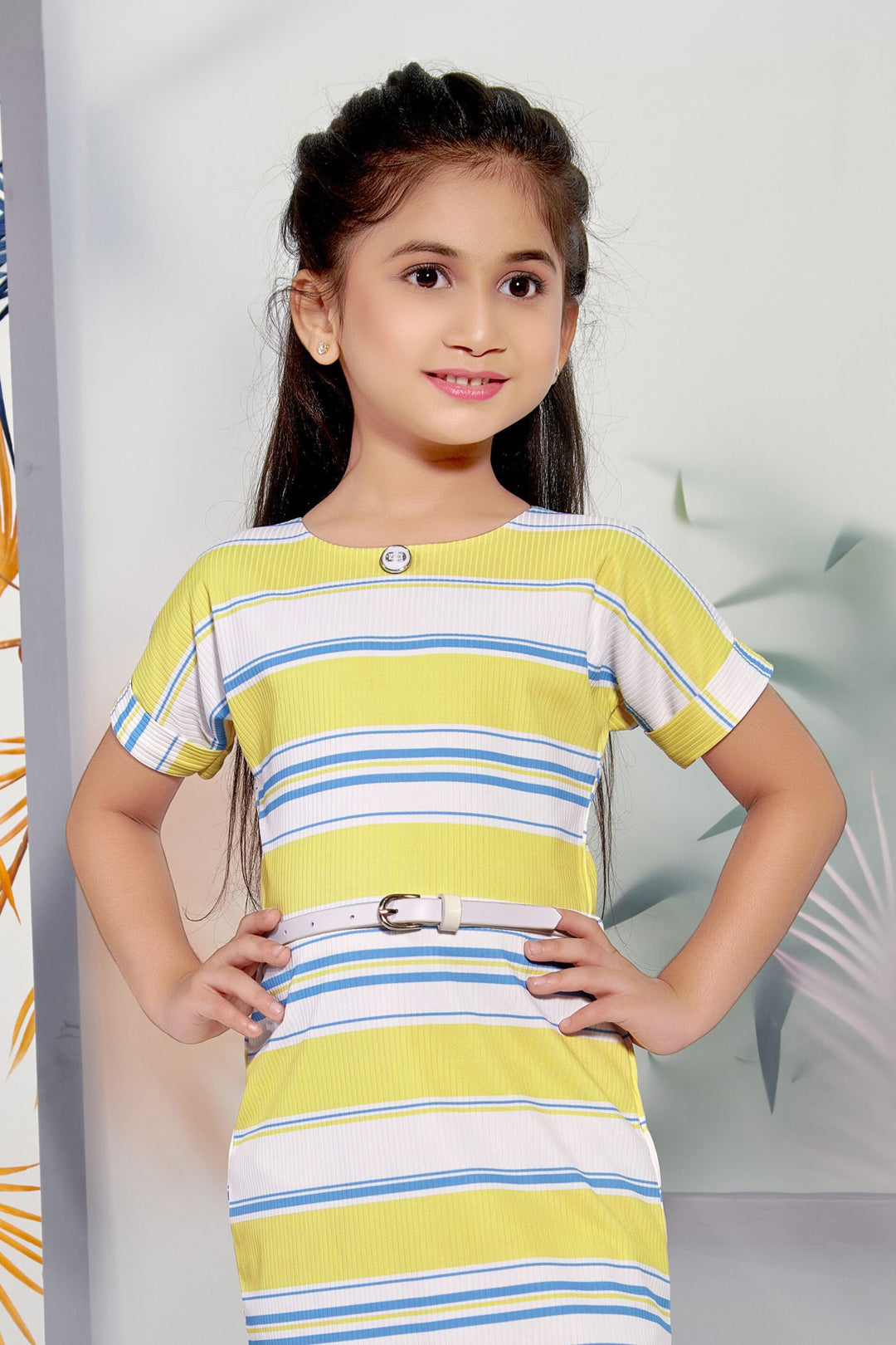 Yellow with White Short Frock for Girls with Belt