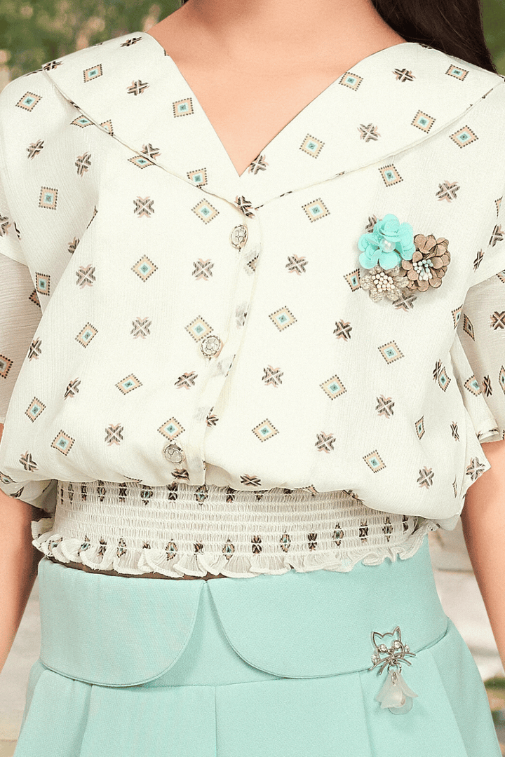 Half White Digital Print and Zari Weaving Top and Mint Green Divider Skirt for Girls - Seasons Chennai