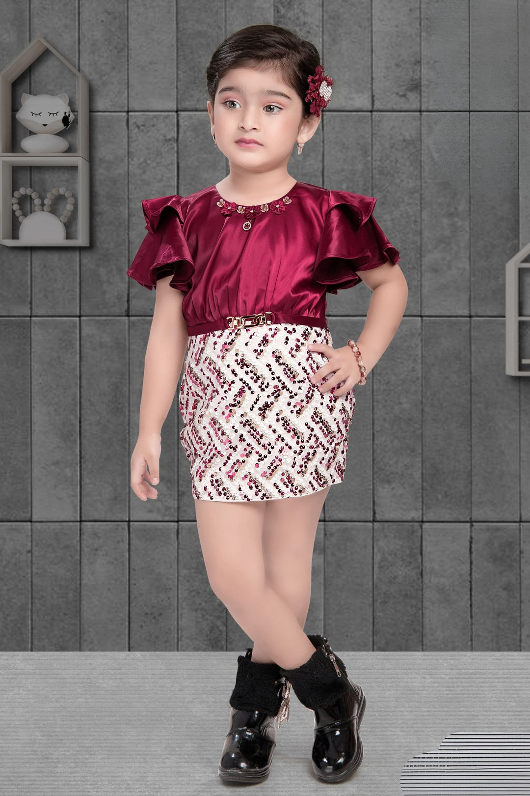 Maroon with White Sequins work Short Frock for Girls