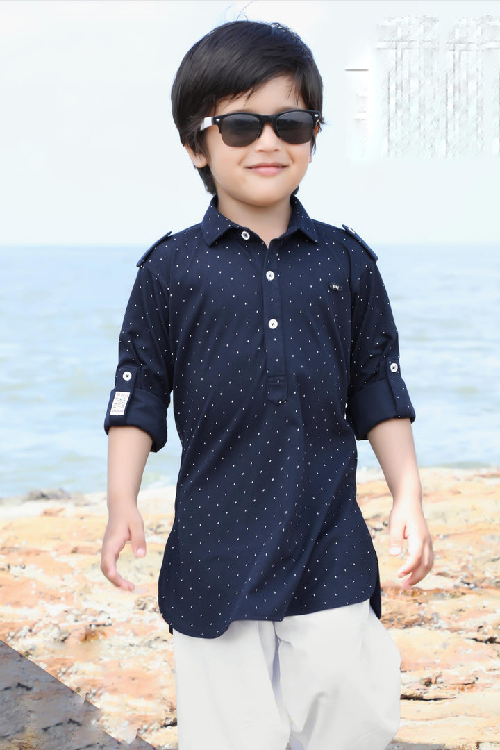 Navy Blue with Half White Kurta and Pajama Set for Boys - Seasons Chennai