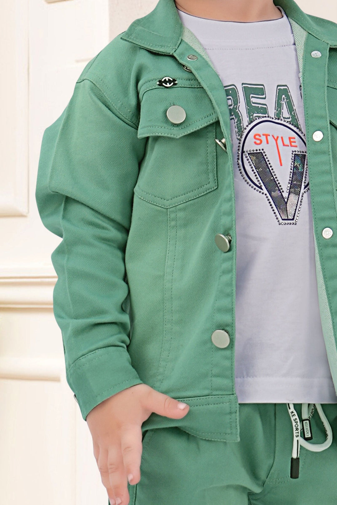 Green with White Printed Waist Coat and Joggers Set for Boys