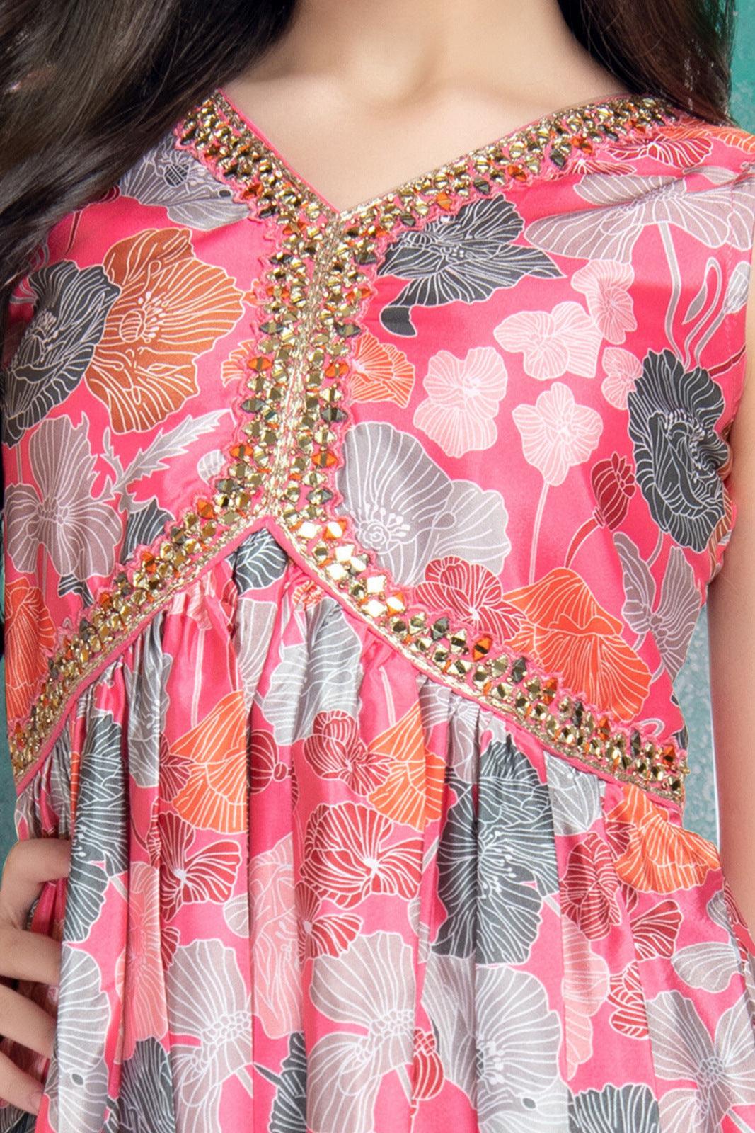 Pink Digital Print, Mirror and Zari work Alia Cut Peplum Top and Palazzo Set for Girls - Seasons Chennai