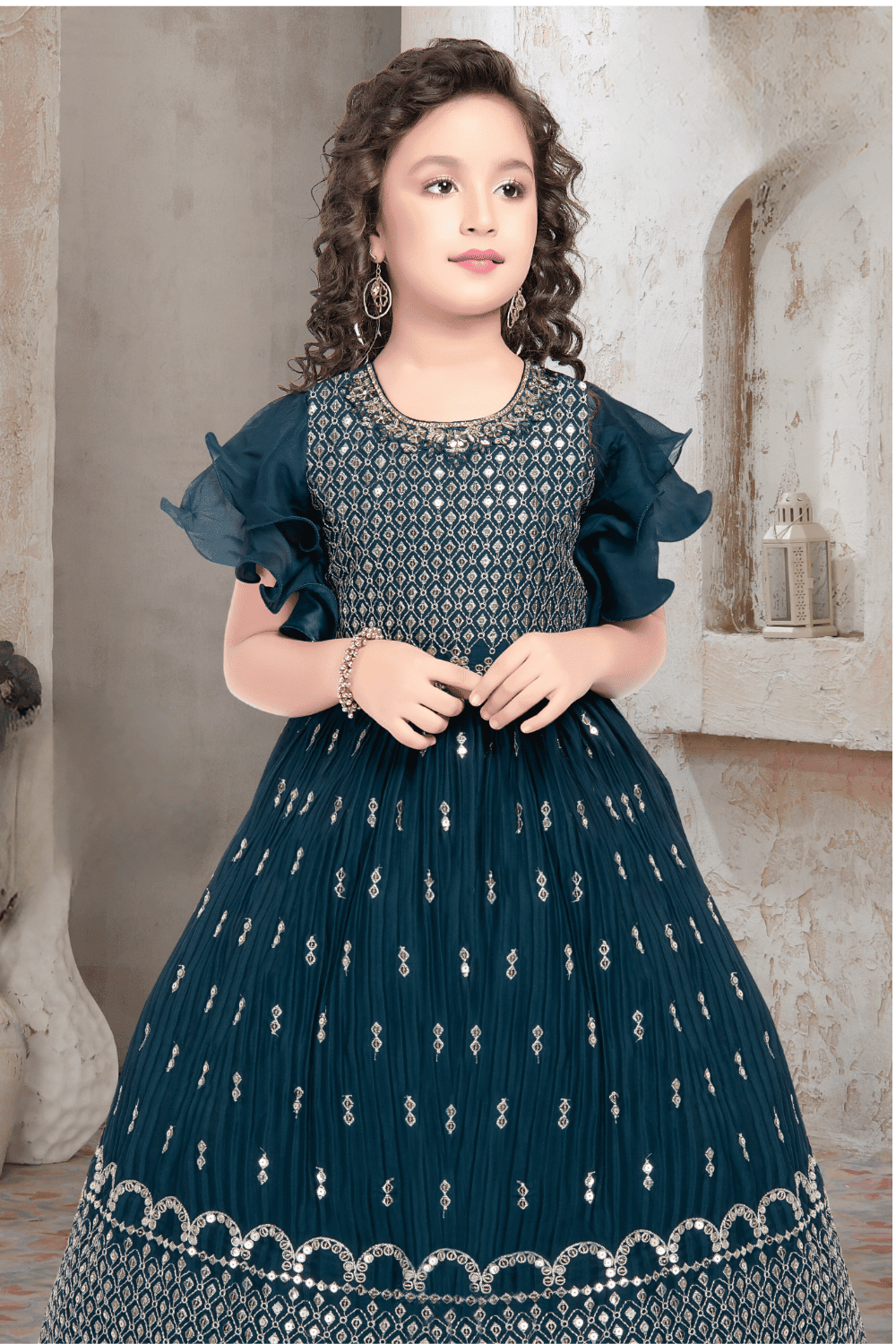 Blue Zari, Sequins, Zardozi, Beads, Stone and Mirror work Long Party Gown for Girls - Seasons Chennai