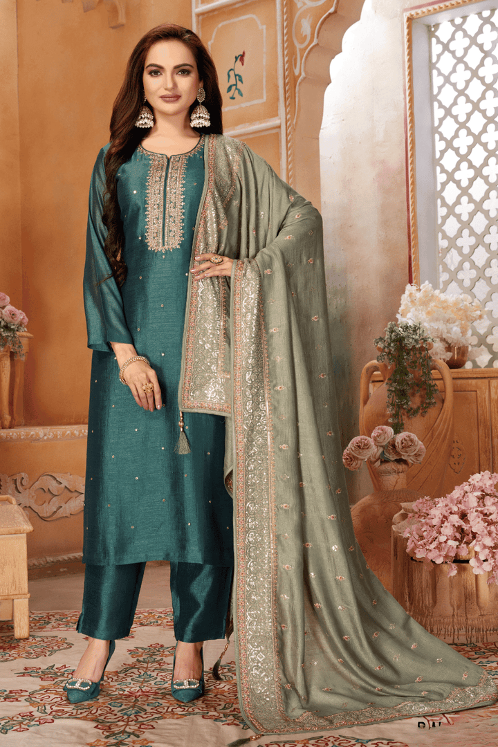Bottle Green Zari and Sequins work Straight Cut Salwar Suit - Seasons Chennai