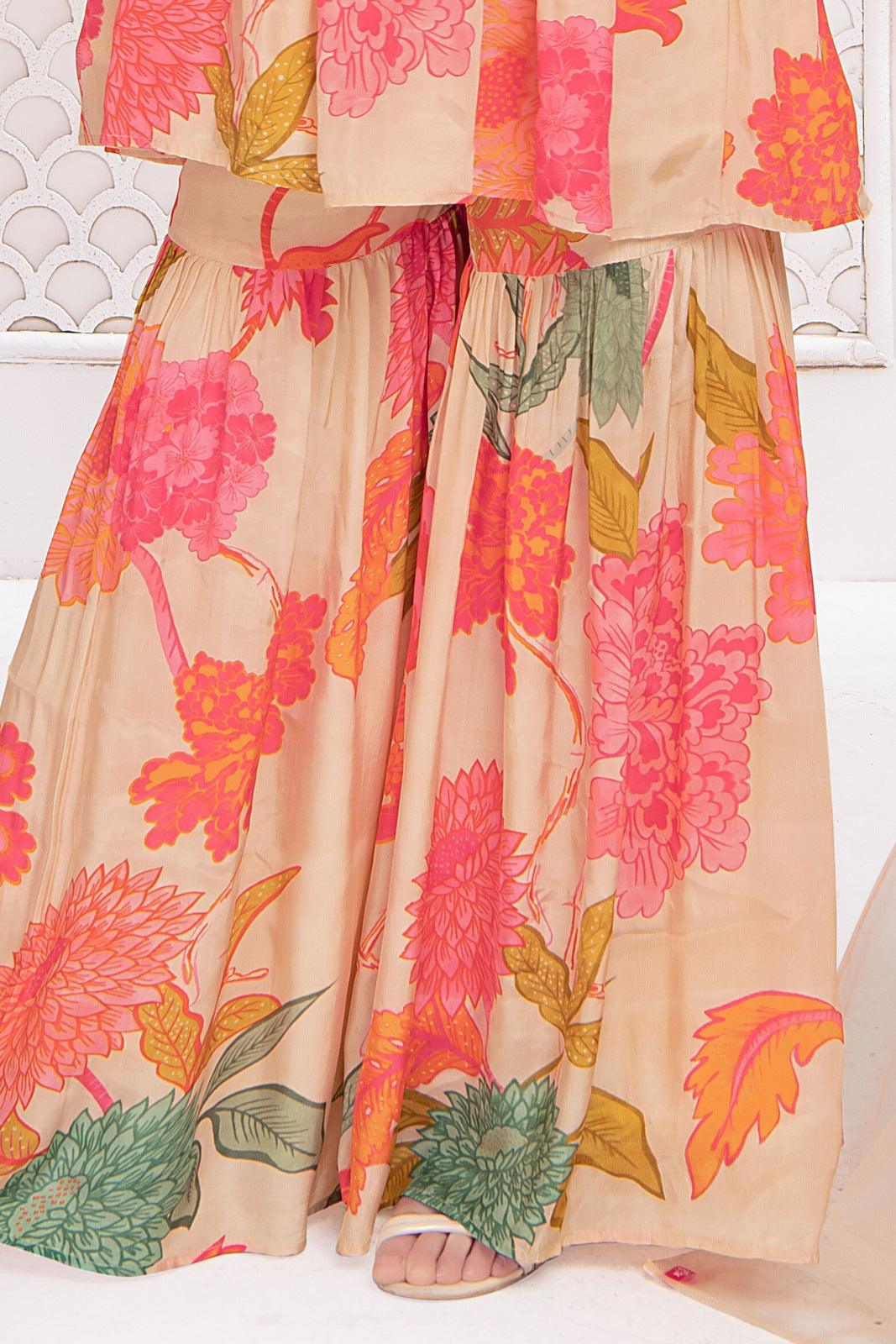 Fawn Floral Print Alia Cut Peplum Top and Sharara Set for Girls - Seasons Chennai