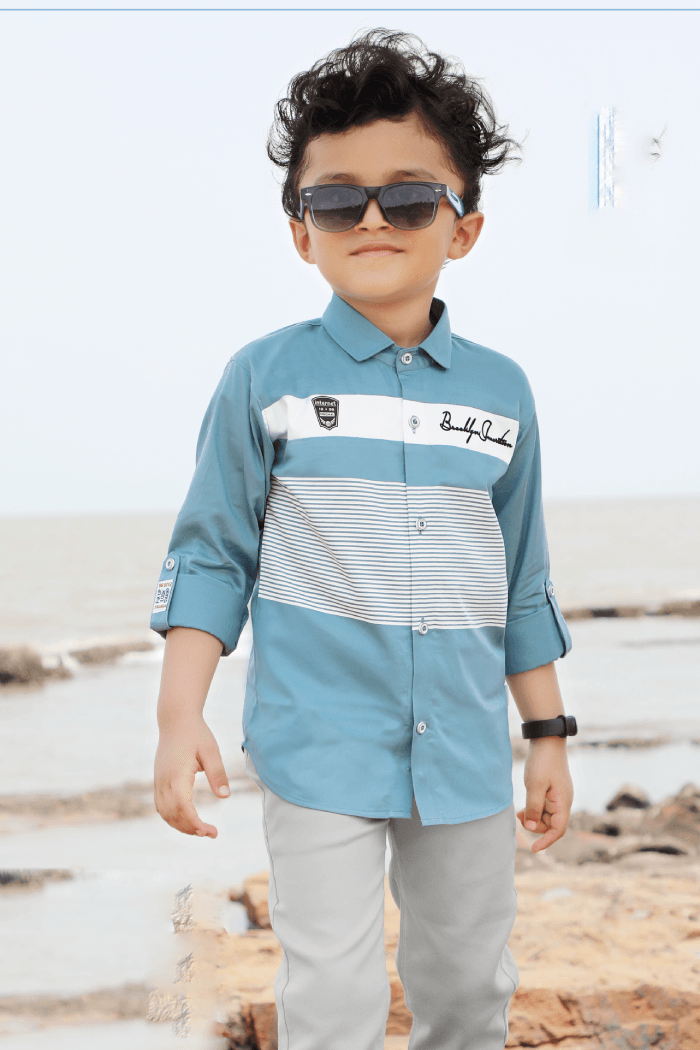 Blue with Cream Printed Casual wear Pant and Shirt Set for Boys - Seasons Chennai