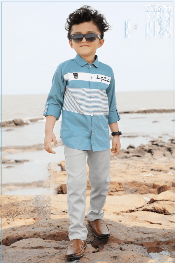 Blue with Cream Printed Casual wear Pant and Shirt Set for Boys - Seasons Chennai