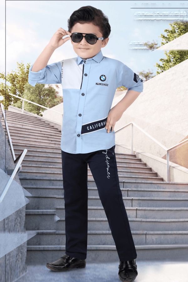 Light Blue with Navy Blue Printed Casual wear Pant and Shirt Set for Boys - Seasons Chennai