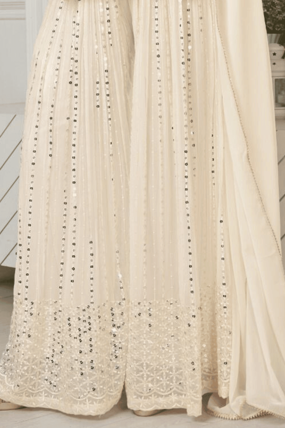Cream Sequins, Thread, Stone, Beads and Mirror work Palazzo Suit Set - Seasons Chennai