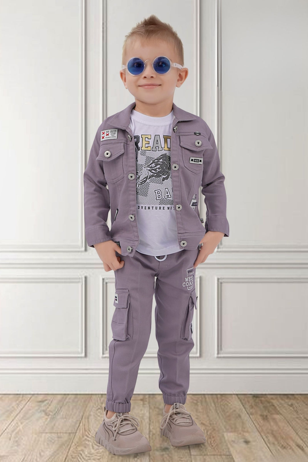 Lavender with White Printed Waist Coat and Joggers Set for Boys