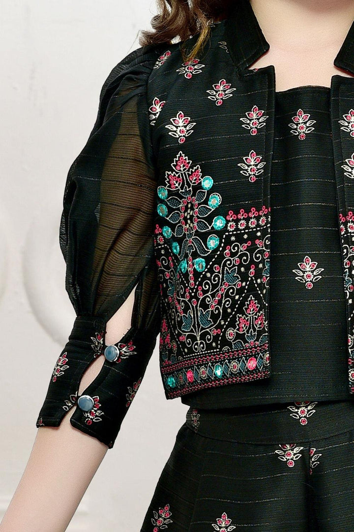 Black Zari and Thread work Overcoat Styled Palazzo Set for Girls - Seasons Chennai