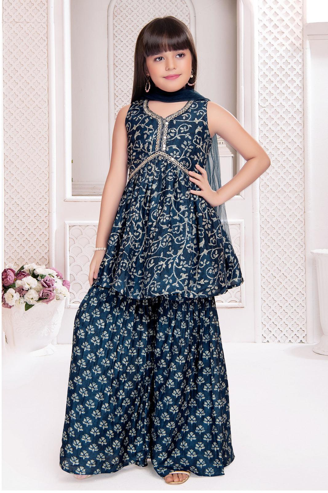 Navy Blue Digital Print Alia Cut Peplum Top and Sharara Set for Girls - Seasons Chennai