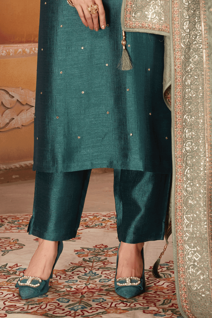 Bottle Green Zari and Sequins work Straight Cut Salwar Suit - Seasons Chennai