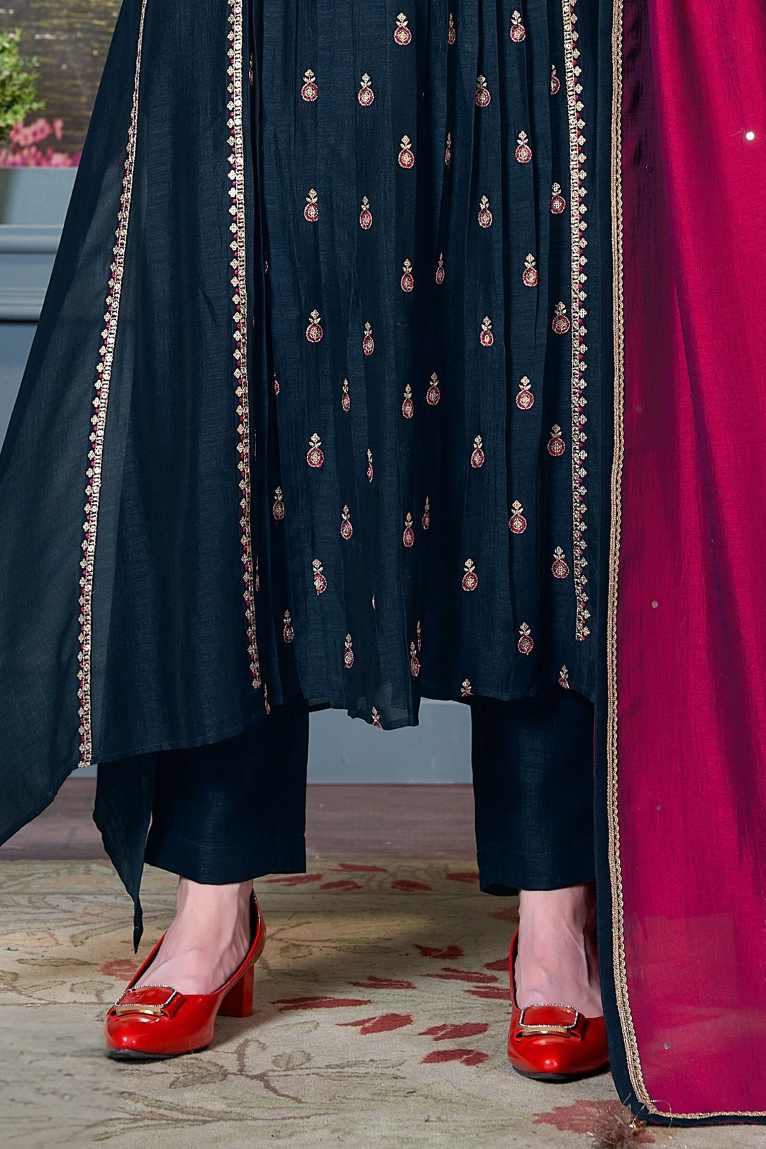 Navy Blue Thread, Sequins and Zari work Anarkali Style Salwar Suit with Straight Pants