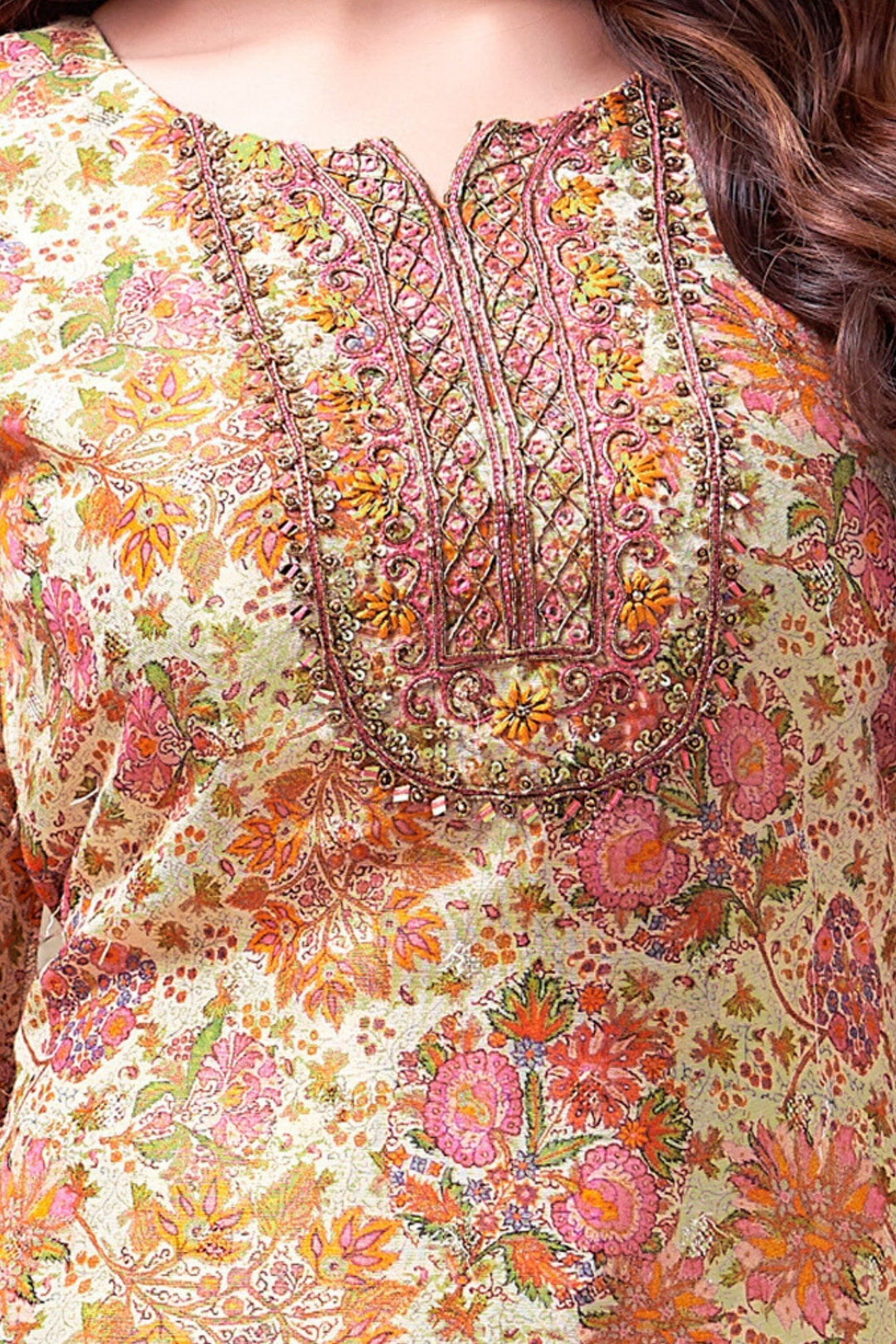 Beige with Multicolor Digital Print, Banaras and Zardozi work Straight Cut Salwar Suit