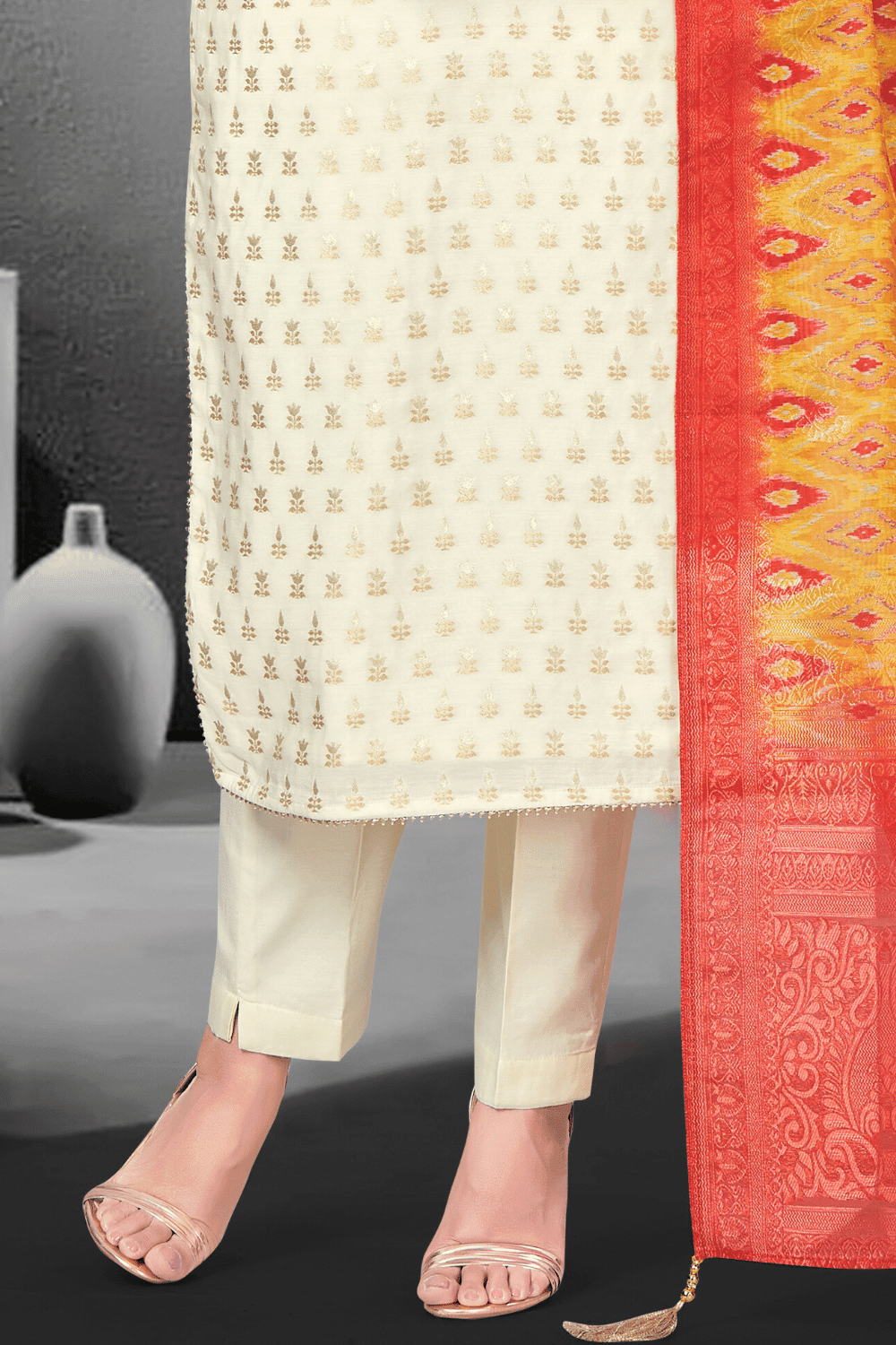 Cream Banaras, Mirror, Beads and Stone work Straight Cut Salwar Suit - Seasons Chennai