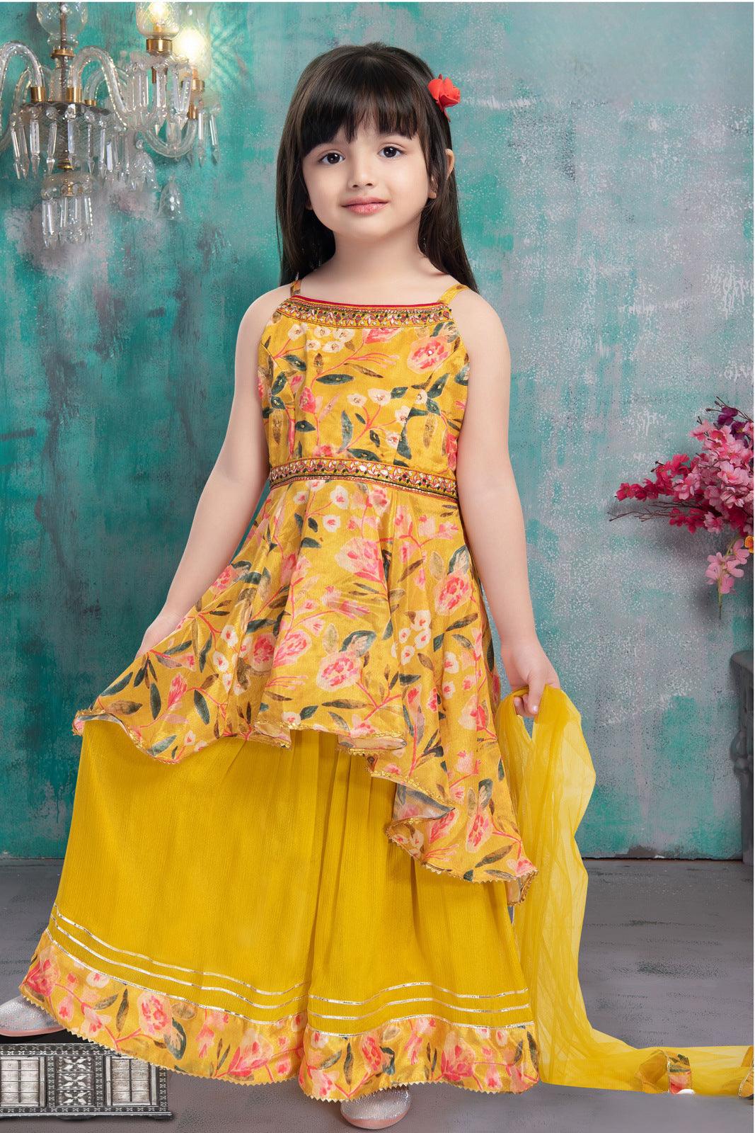 Yellow Printed, Mirror, Sequins and Beads work Lehenga Choli for Girls - Seasons Chennai