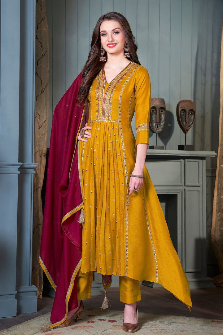 Yellow Thread, Zari and Sequins work Anarkali Style Salwar Suit with Straight Pants