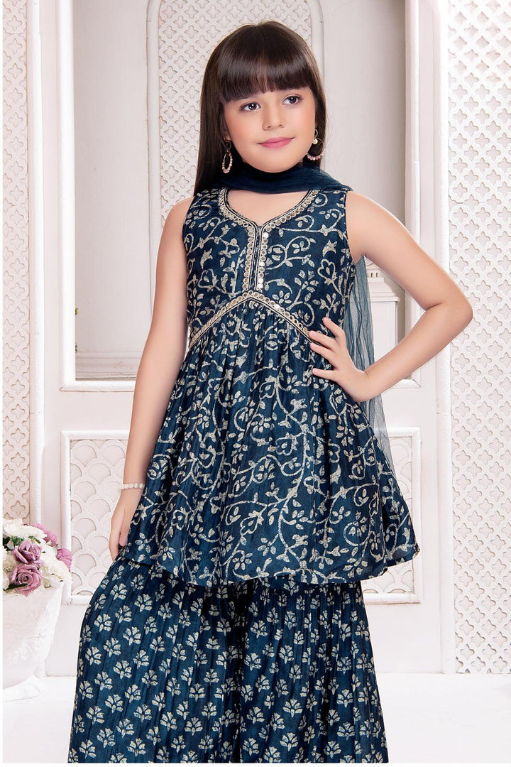 Navy Blue Digital Print Alia Cut Peplum Top and Sharara Set for Girls - Seasons Chennai