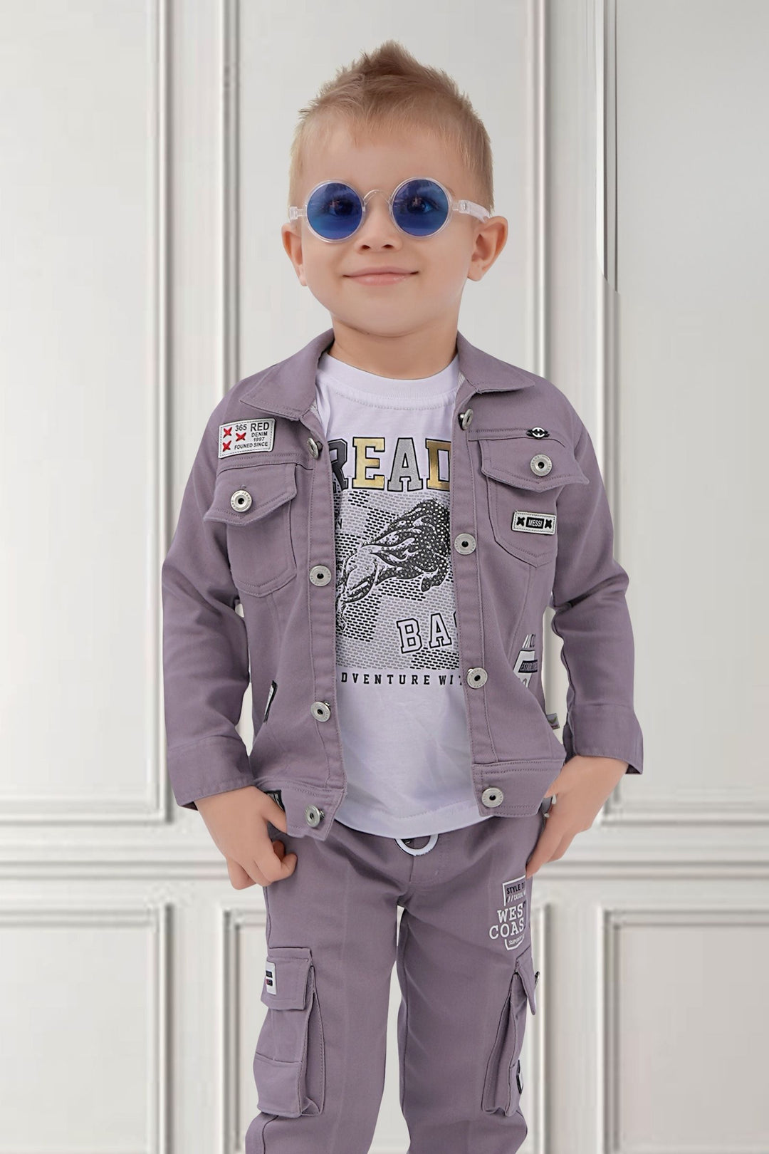 Lavender with White Printed Waist Coat and Joggers Set for Boys