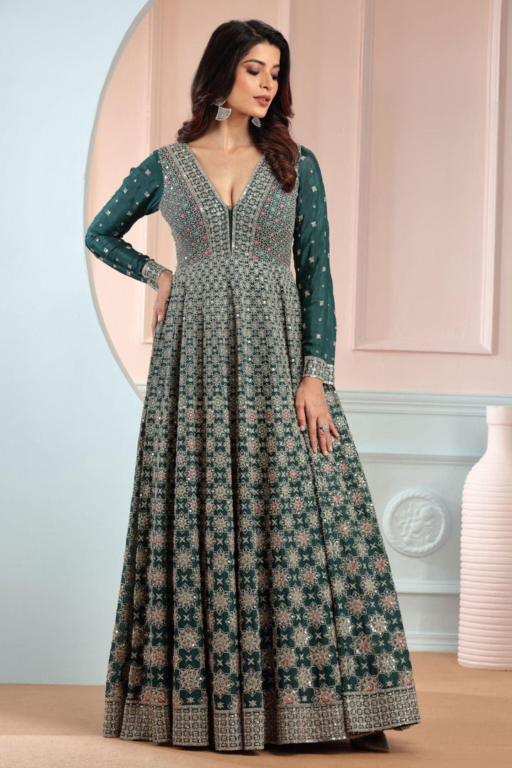 Peacock Blue Stone, Zari, Sequins and Thread work Floor Length Anarkali Gown - Seasons Chennai