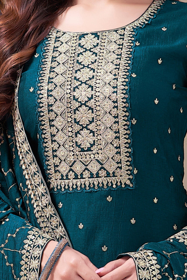 Peacock Blue Sequins and Zari work Straight Cut Salwar Suit