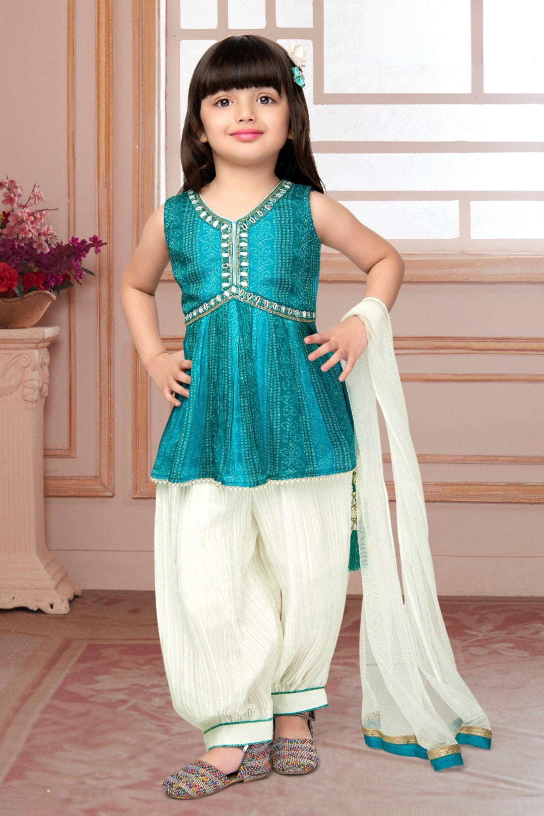 Rama Blue with Cream Bandini Print, Mirror and Pearl work Peplum Top and Palazzo Set for Girls - Seasons Chennai