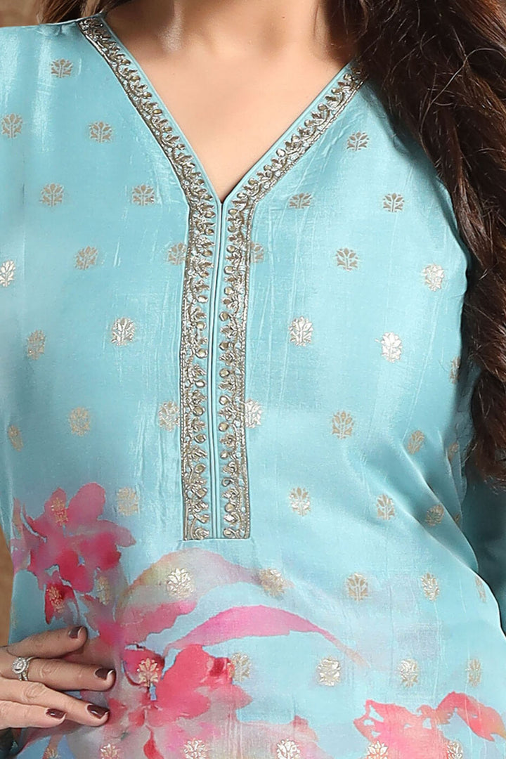 Sky Blue Banaras, Zardozi and Zari work with Tie and Dye Print Straight Cut Salwar Suit