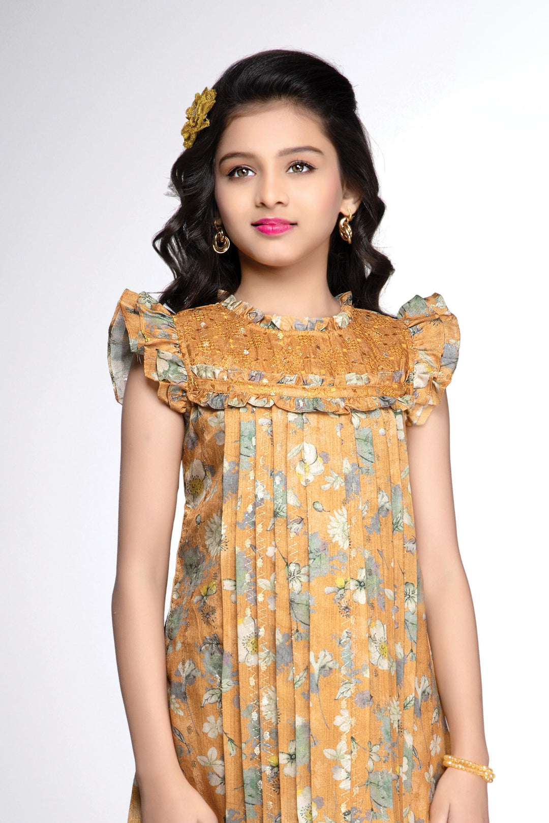 Mustard Zari and Thread work with Floral Print Knee Length Casual Frock for Girls