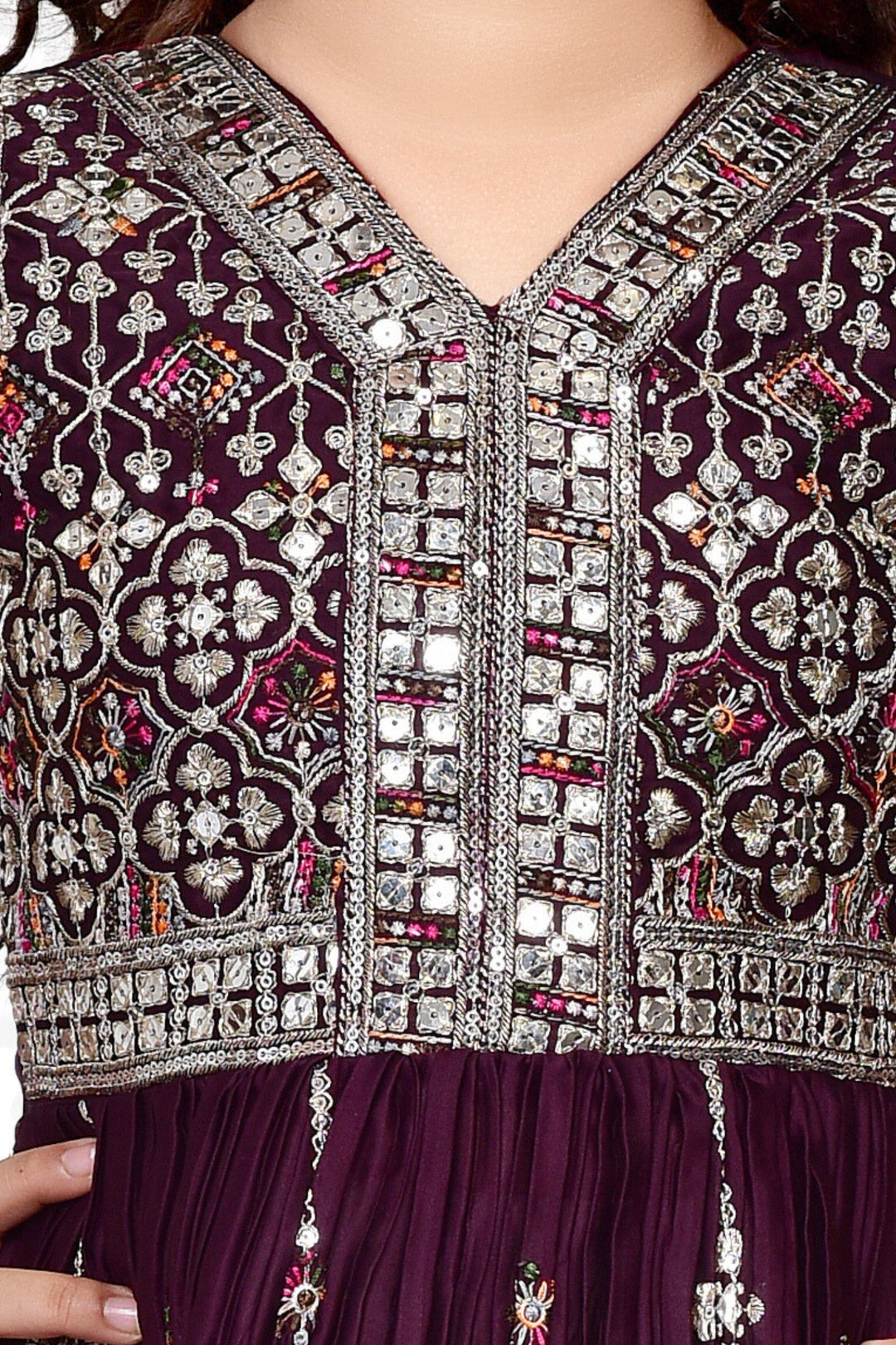 Wine Zari, Sequins and Thread work Peplum Style Sharara Suit Set for Girls