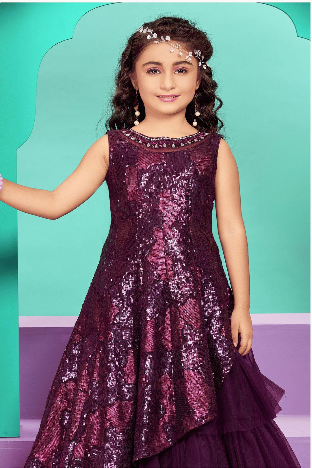 Wine Sequins, Stone and Beads work Long Party Gown for Girls - Seasons Chennai