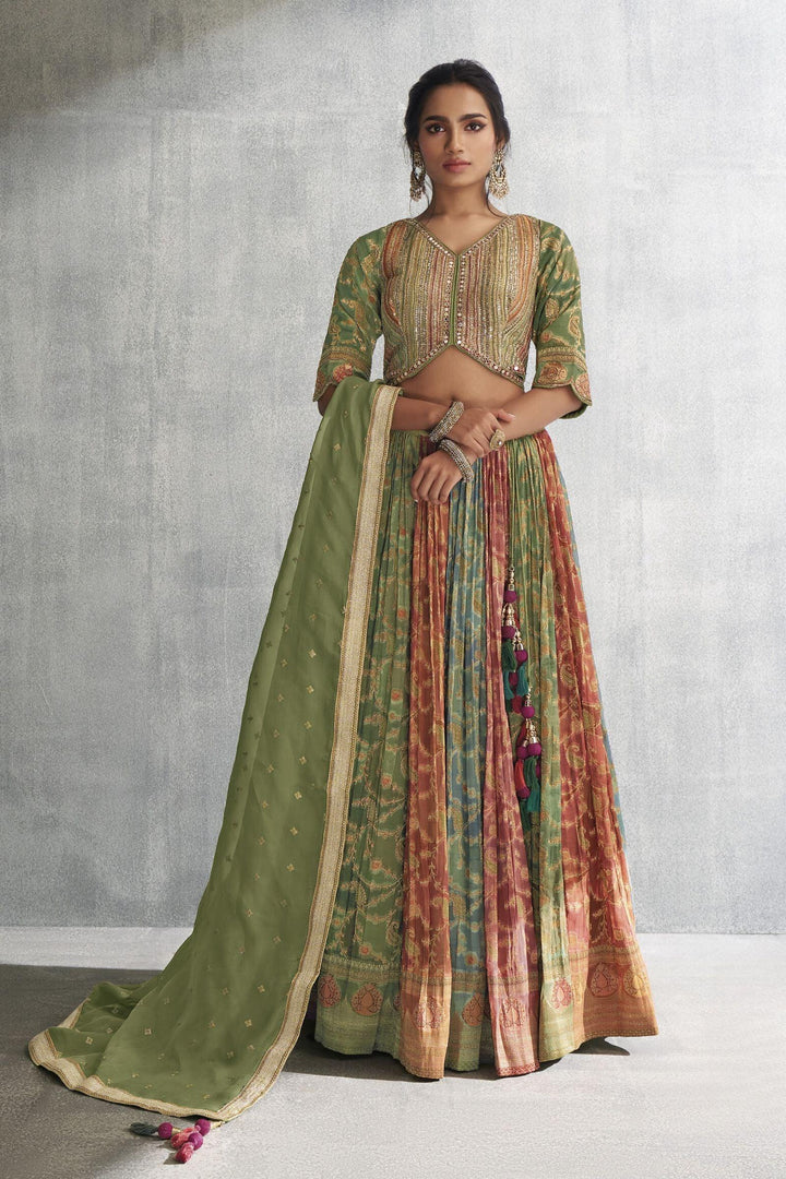 Green Banaras, Sequins, Beads and Zardozi work with Multicolor Crop Top Lehenga - Seasons Chennai