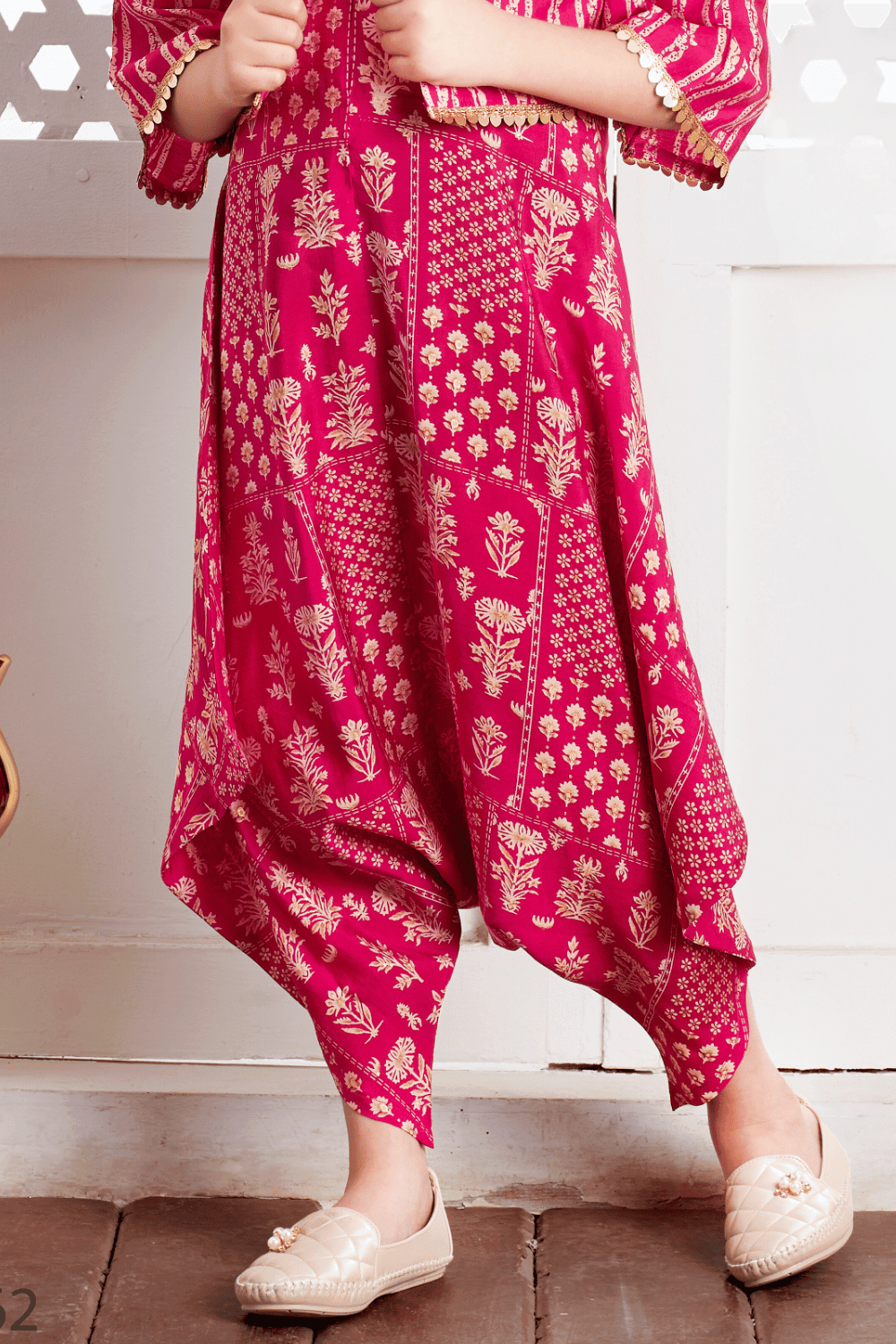 Rani Pink Sequins and Zari work with Printed Overcoat and Dhoti Style Jumpsuit for Girls - Seasons Chennai