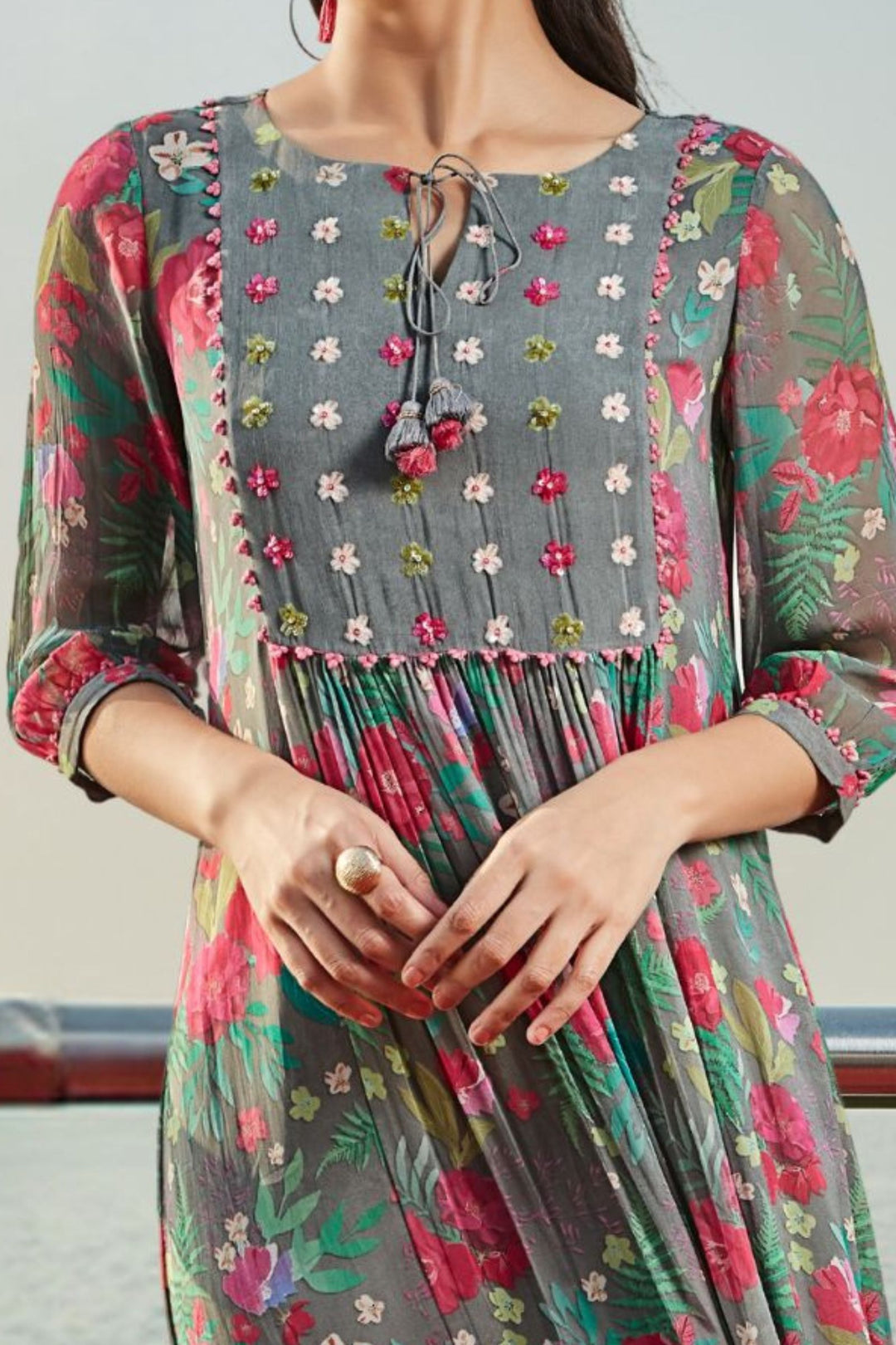 Grey with Floral Print, Sequins and Thread work Anarkali Styled Kurti